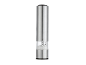 Electric stainless steel salt or pepper mill with a transparent spice chamber.