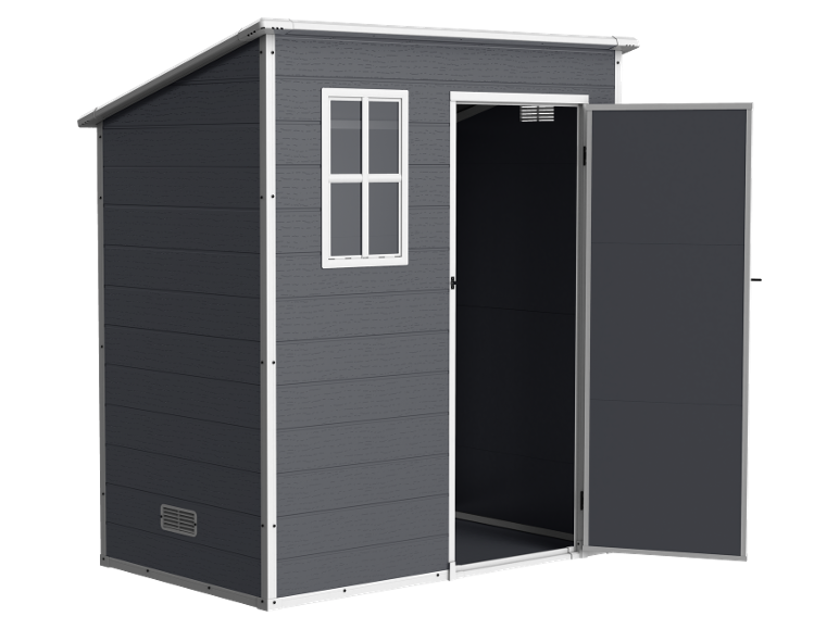 Dark grey garden shed with white trim, a window, and open double doors.