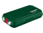 Green battery pack with charge indicator and red button.
