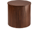 Round wooden side table with vertical slatted design.
