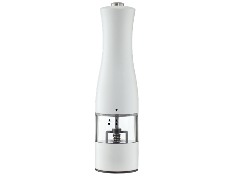 White electric salt or pepper grinder with adjustable coarseness setting.
