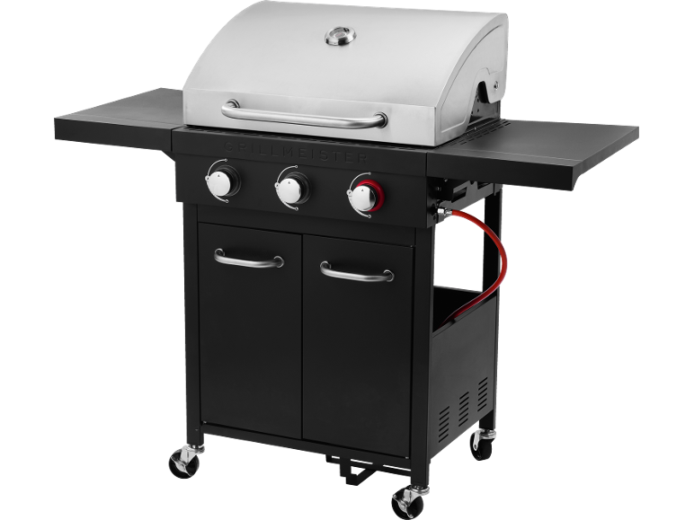 Gas grill with three burners, side shelves, and a cabinet, on wheels.
