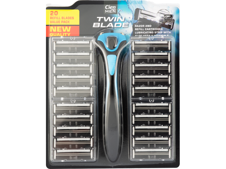 Value pack of twin blade razor with 20 refill blades, with lubricating strip of aloe vera and vitamin E.