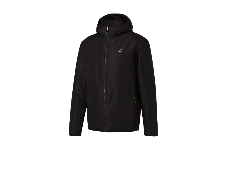 Black sports jacket with a hood and green details, featuring a front zipper.