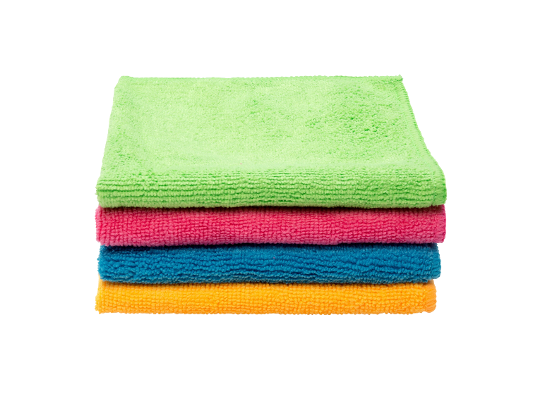 Stack of colorful microfiber cloths in green, pink, blue, and orange.