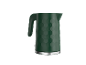 Dark green electric kettle with an embossed hexagonal pattern and a metallic base.