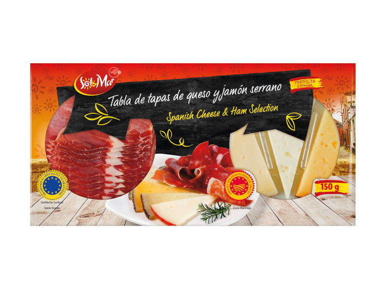 Spanish tapas selection with serrano ham and cheeses, 150g.
