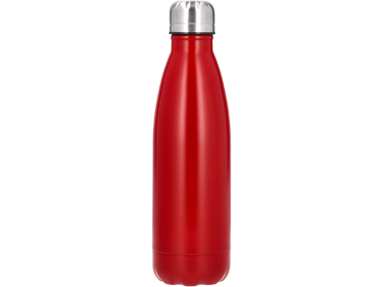 Red insulated water bottle with a silver cap.