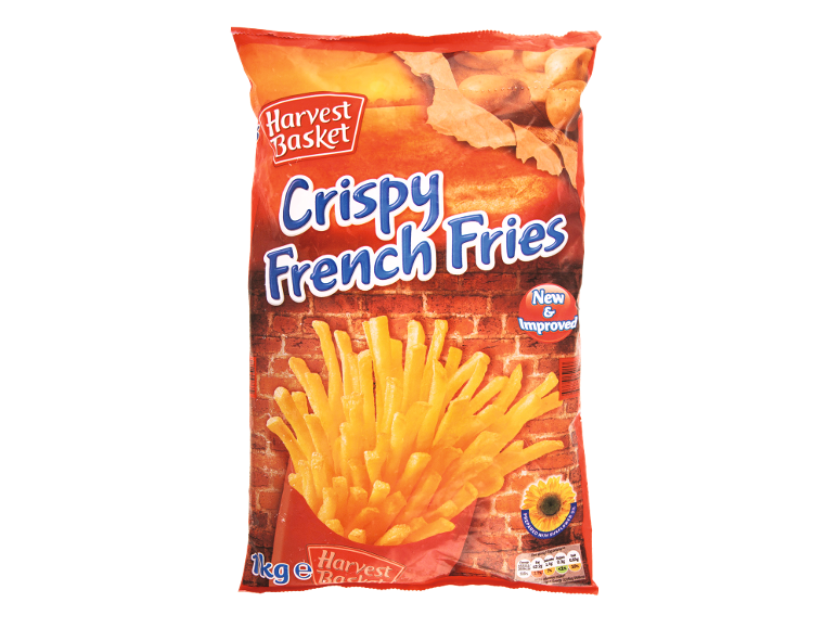 Bag of crispy french fries with 'New & Improved' text and nutritional information.