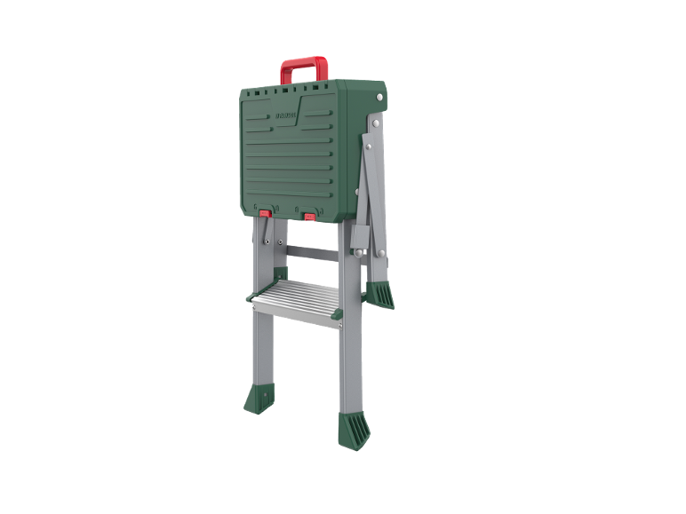 Green ladder with a toolbox, red handle, and grey steps