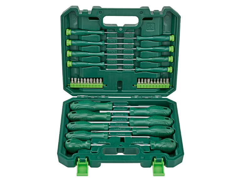 Green screwdriver and bit set in a case, including various sizes and types.