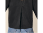 Back view of a black shirt with a pleat, worn over blue jeans.