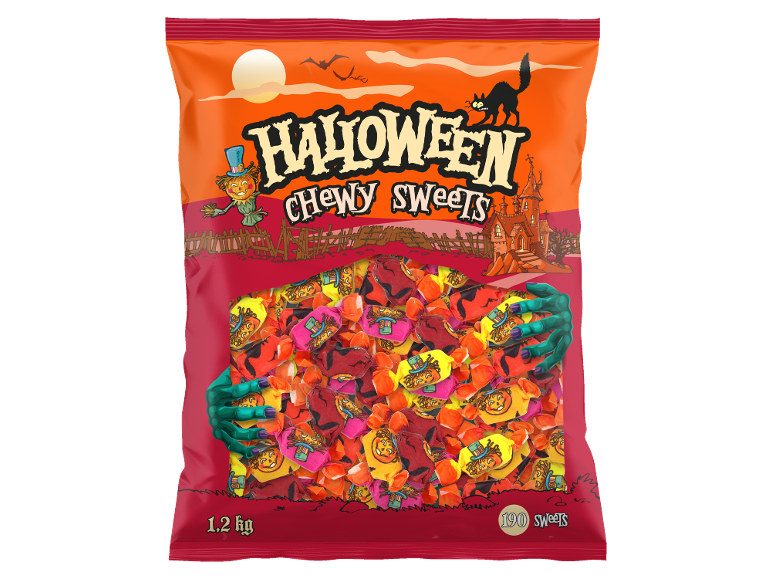 Halloween chewy sweets bag, 1.2 kg, 190 pieces, with pumpkin and monster hands designs.