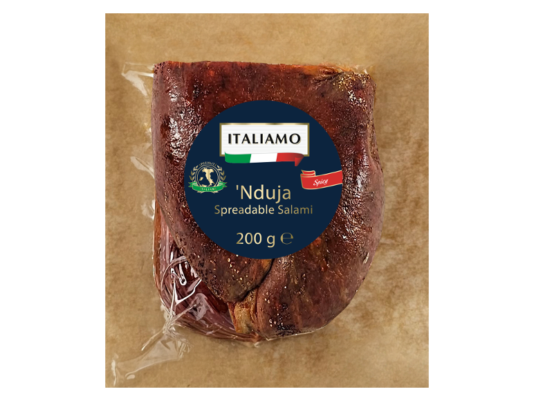 Nduja, a spicy spreadable salami 200g, vacuum-packed.