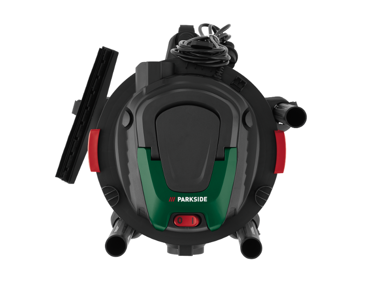 Top view of a black and green wet and dry vacuum cleaner with red accents.