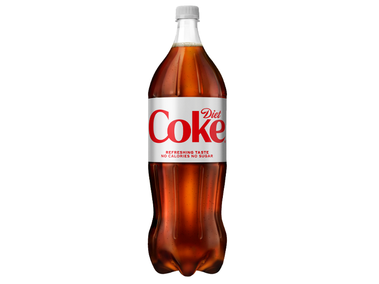 Large bottle of diet soft drink with the label 'Refreshing Taste, No Calories, No Sugar'.