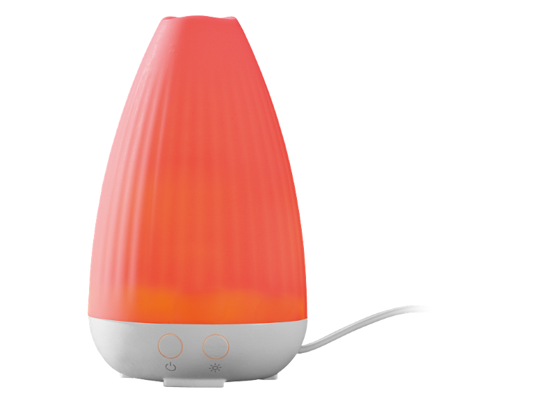 Aroma diffuser with red light and white base, featuring control buttons and a cable.
