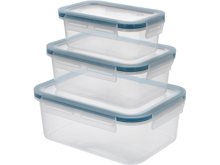 Three stacked clear plastic food storage containers with blue lids.