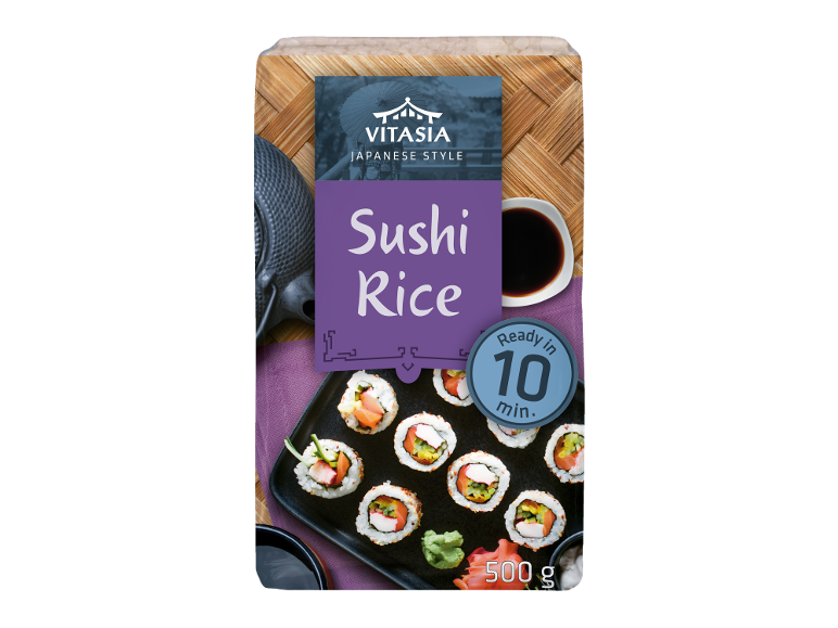 Sushi rice with sushi rolls, soy sauce, and wasabi, ready in 10 minutes.