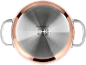 Bottom of a copper-colored cooking pot with a stainless steel base and compatibility symbols.