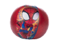 Red beach ball with a drawing of a superhero in a red and blue suit