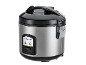 Silver and black electric rice cooker with handles and control buttons.