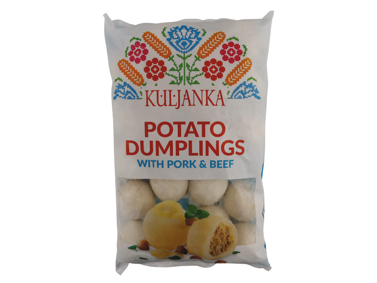 Frozen potato dumplings with pork and beef, packaging with a folk pattern.