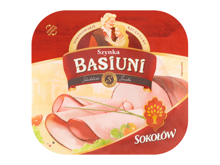 Packaged sliced ham with a vintage illustration of a woman and child, labeled 'Szynka BASIUNI'.