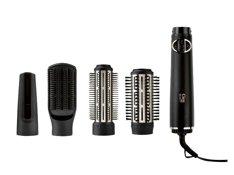 Black hairdryer with interchangeable brushes for styling and drying.