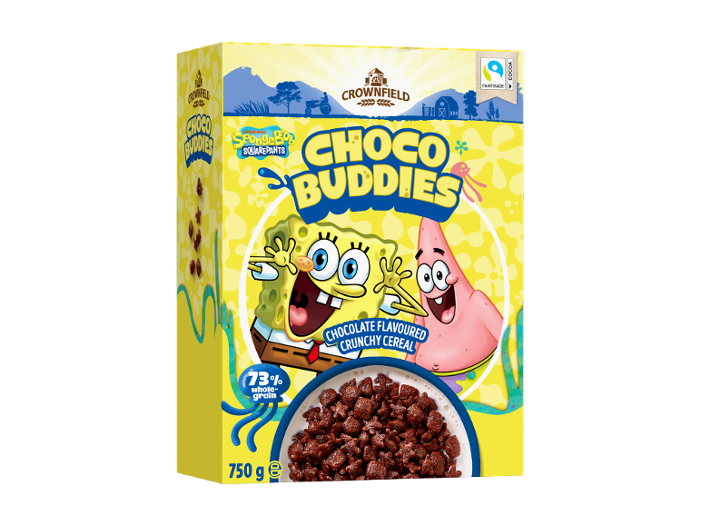 Box of chocolate cereal with Spongebob and Patrick, 73% whole-grain, 750 g.