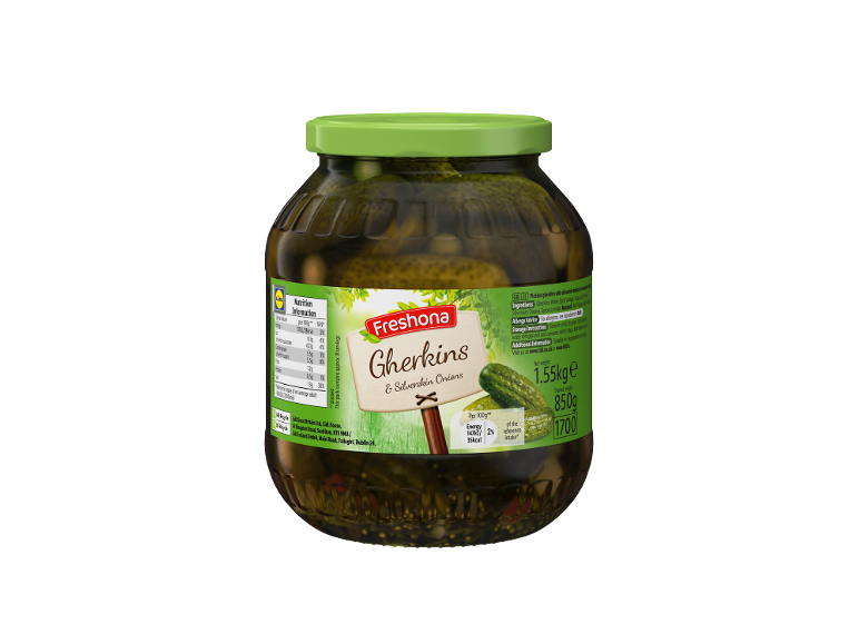 Pickled gherkins and silverskin onions in a glass jar with nutritional information and ingredients.