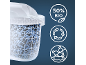 Water filter with blue and black granules, featuring 50% bio, recycling, and no plastic icons.