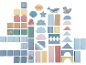 Wooden sea-themed building blocks, including animal figures and construction shapes in pastel colors.