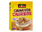 Cinnamon Churros cereal box, vegan, source of fibre, 375g, with a bowl of cereal.