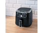 Black air fryer with a digital display showing 170°C, on a wooden countertop.