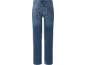 Back view of blue denim jeans with pockets and belt loops.