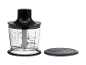 Portable chopper with measuring cup and lid, with markings up to 500 ml.