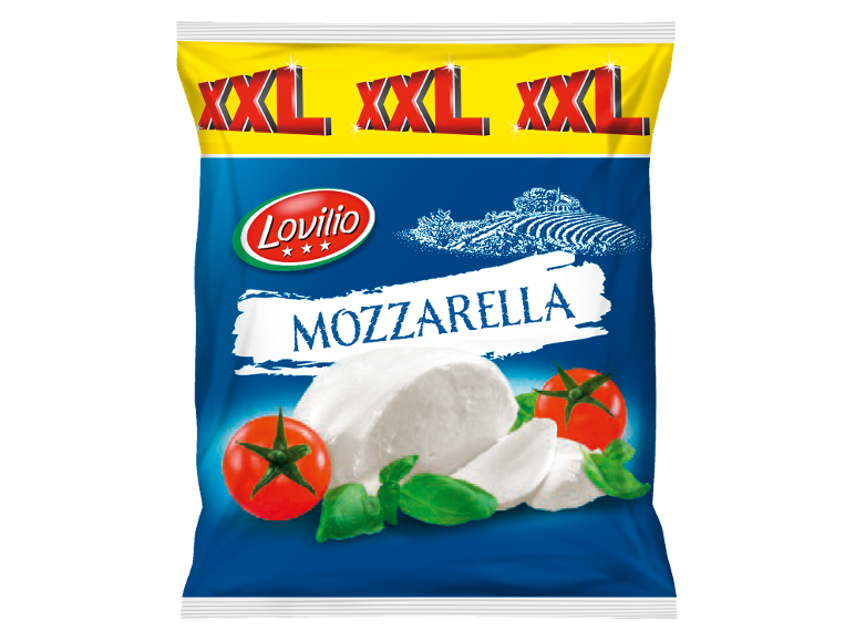 XXL mozzarella package with tomatoes and basil on a blue and yellow background.