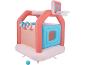 Inflatable play center with a basketball hoop and toss rings, in pastel colors.