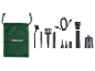 Green drawstring bag and an assortment of cleaning accessories, including brushes and nozzles.