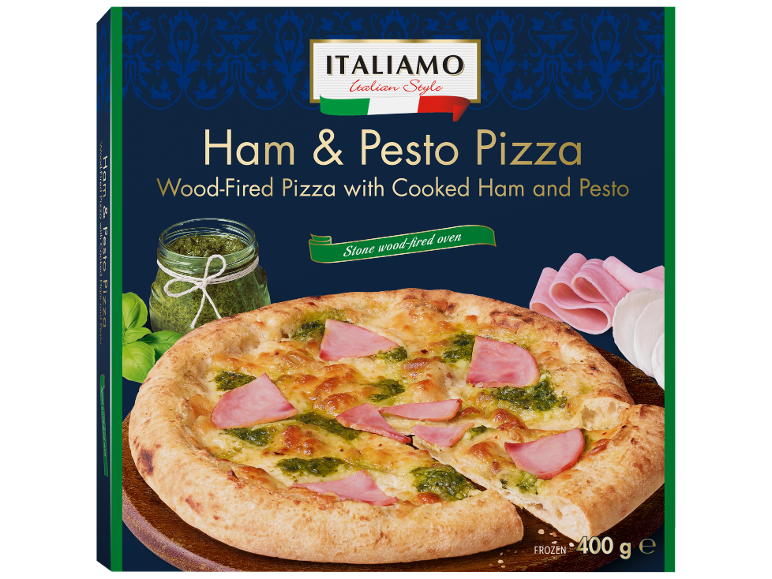 Frozen ham and pesto pizza, wood-fired, 400 g.