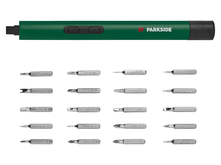 Green electric screwdriver with interchangeable bits of various sizes.