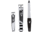 Manicure set with two chrome nail clippers and a black nail file, all featuring 'Beauty' text.