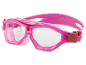 Pink swimming goggles with clear lenses and an adjustable strap.