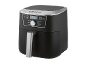 Black digital air fryer with a display and preset programs.