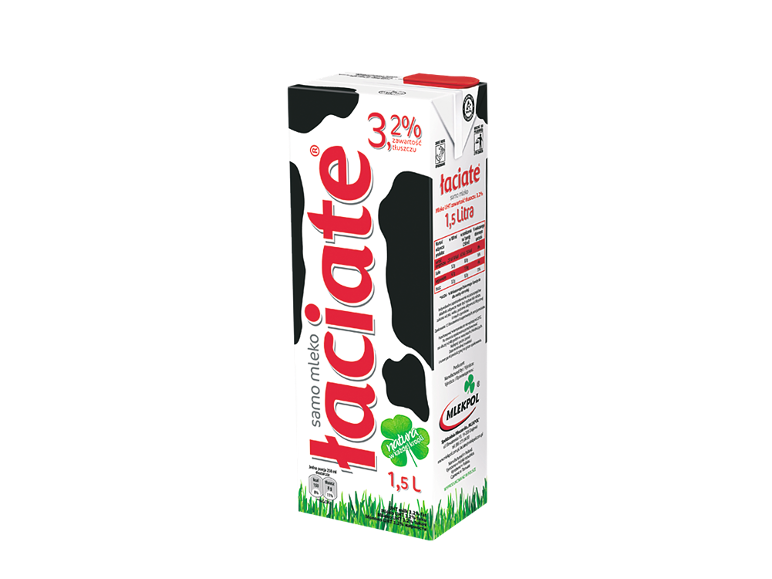 A carton of 3.2% fat UHT milk, 1.5 liters, with a cow print design.
