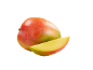 Whole mango and a mango slice on a black background.