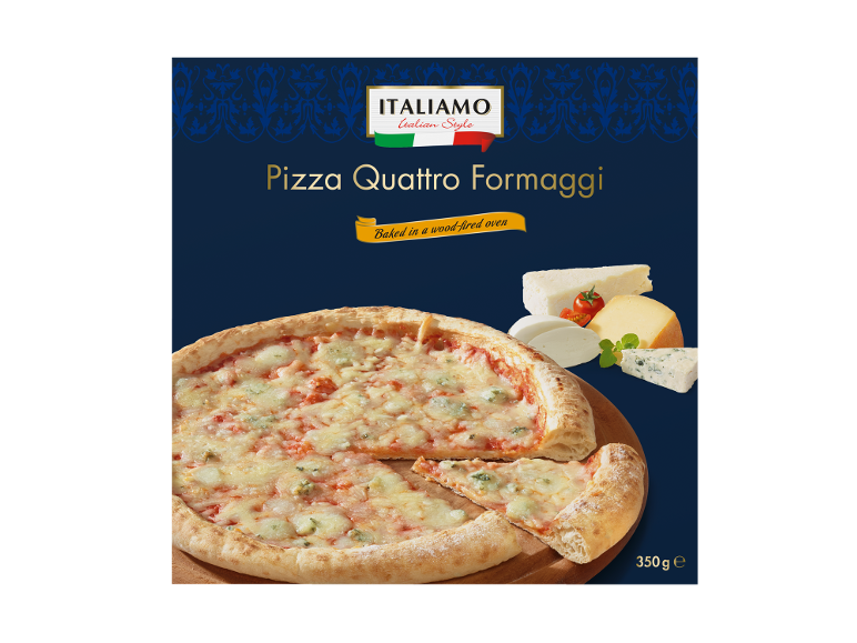 Quattro Formaggi pizza with cheeses and tomatoes, packaged, with 'Baked in a wood-fired oven' text.