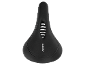 Black bicycle saddle with a ventilation cutout and embossed details.