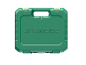 Green plastic tool case with a handle and latches.
